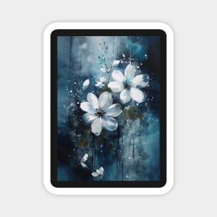 Luminous Petals: White Flowers and Blue Hues Magnet