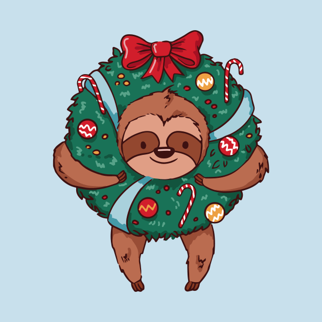 Merry Slothmas // Cute Cartoon Sloth in Christmas Wreath by SLAG_Creative