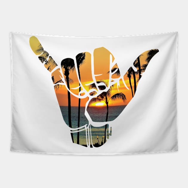 Shaka hang loose hand gesture with photograph of sunset in Maui Hawaii Tapestry by keeplooping