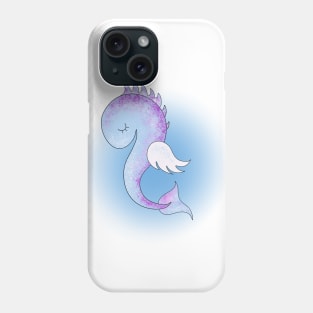 Sleepy purple seahorse on white and blue background. Design. Phone Case