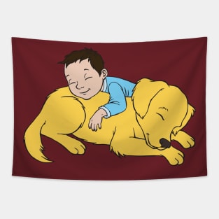 Golden Retriever Puppy with Boy Tapestry