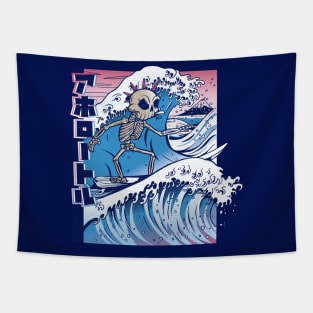 Vaporwave Surfing Punk Rock Skeleton on Great Wave // Funny Japanese Anime Style Tapestry