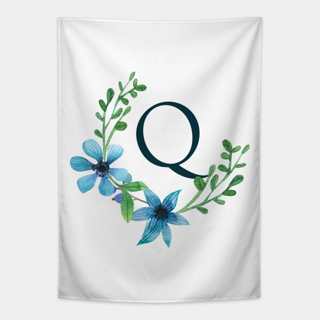 Floral Monogram Q Pretty Blue Flowers Tapestry by floralmonogram