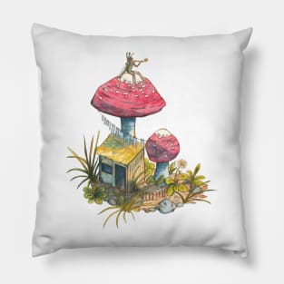 Little fairy on a mushroom - traditional watercolor painting Pillow