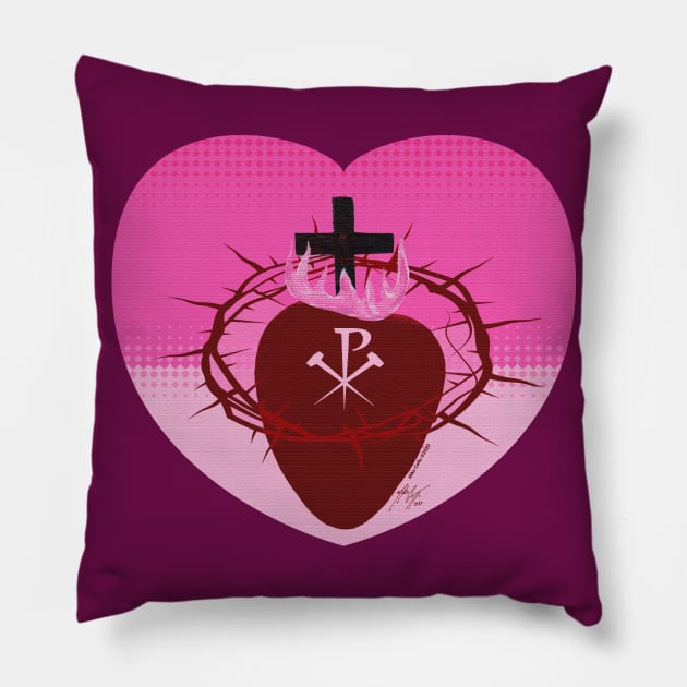 Sacred Heart of Jesus with Chi Rho Pink Pillow by MikeCottoArt