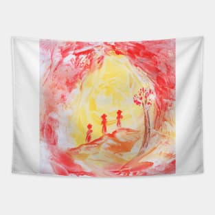 landscape with people. Hand drawn color illustration, painting, art, encaustic. Tapestry