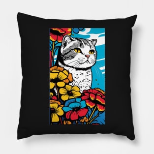 Scottish Fold Cat Vibrant Tropical Flower Tall Retro Vintage Digital Pop Art Portrait 3 Pillow