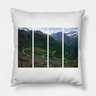 Wonderful landscapes in Norway. Vestland. Beautiful scenery of winding roads and snowed mountains from the Gaularfjellet scenic route. Cloudy day. Pillow