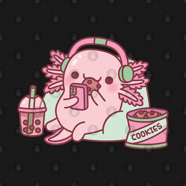 Cute Axolotl Chilling With Cookies And Bubble Tea by rustydoodle