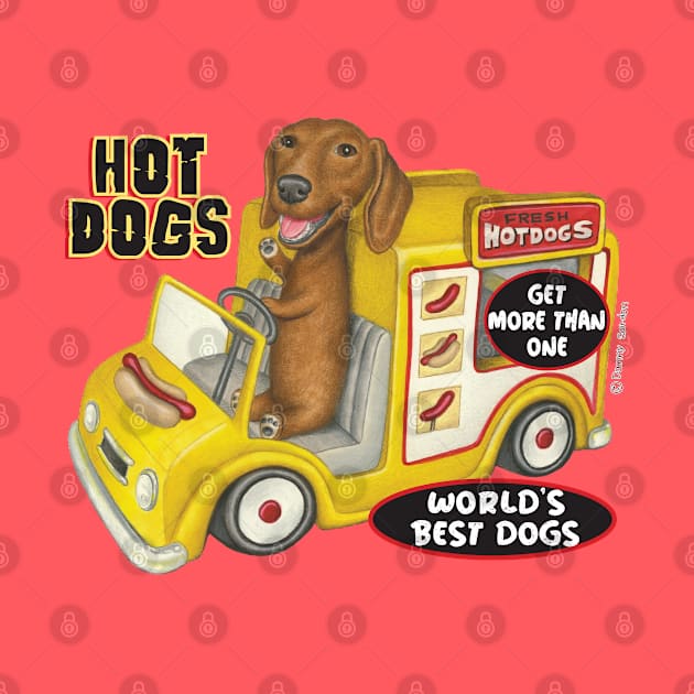 fun cute awesome Doxie Dachshund in Yellow Hotdog Truck by Danny Gordon Art