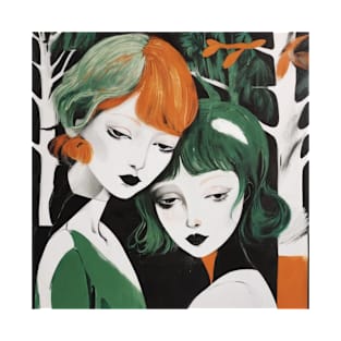 Asian Artisan Art Illustration Dark Forest Orange and Green Abstract Graphic Design of Women Goddess T-Shirt