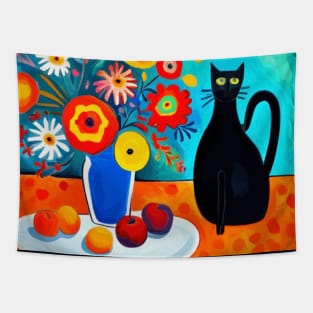 Still Life Painting with Black Cat and Flowers in a Blue Vase Tapestry