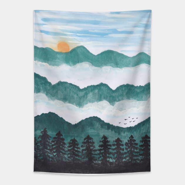 Cloudy Mountains - watercolor art Tapestry by Watercoloristic