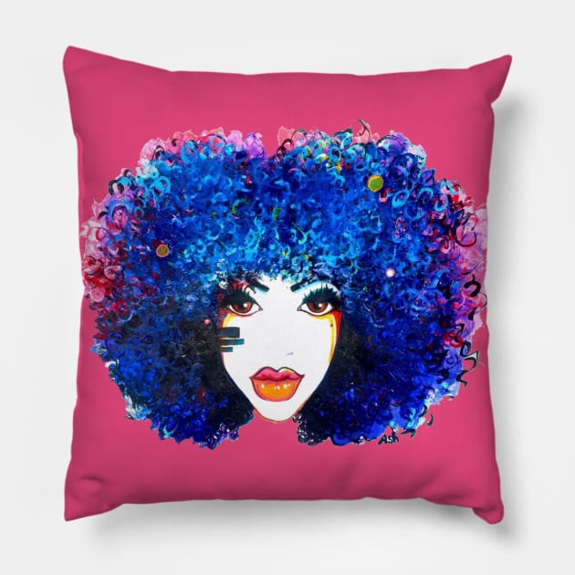 Afro Blue Women Natural Curly Hair Pillow by EllenDaisyShop