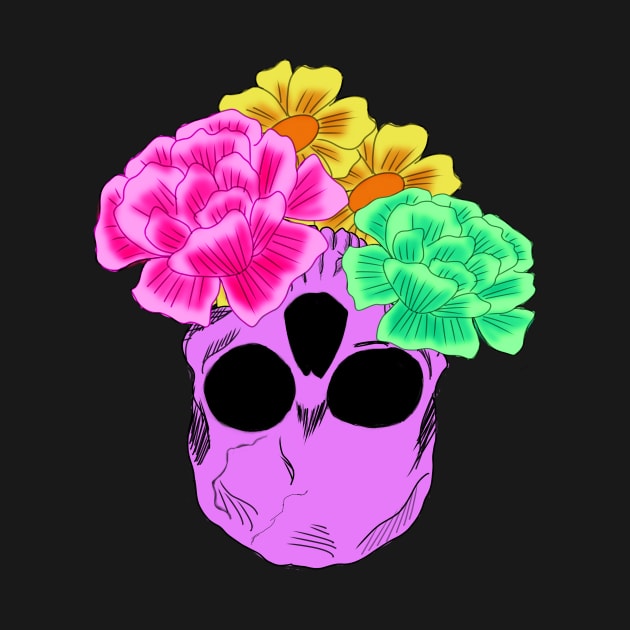 Bright Neon Purple Upside Down Skull Wit Neon Pink Neon Green and Yellow Flowers by galaxieartshop