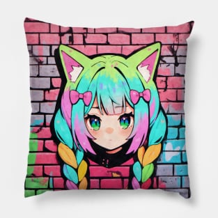 Kawaii Aesthetic Colorful Nekomimi Anime Cat Girl Graffiti Art Style Pillow