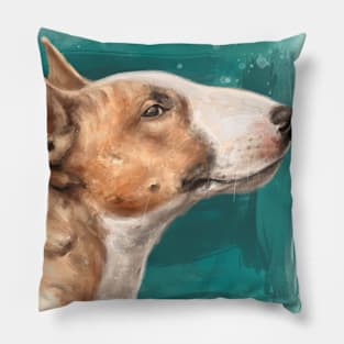 Painting of a Brown and White Bull Terrier on Teal Blue Background Pillow