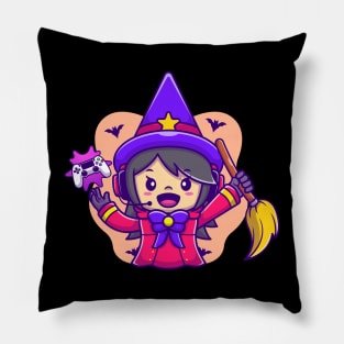 Cute Female Witch Gaming Cartoon Pillow