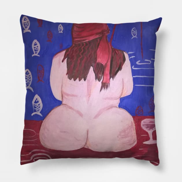 Naked girl fishing. Original painting. Pillow by Maltez