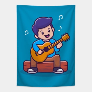 Cute Boy Playing Guitar Cartoon Tapestry