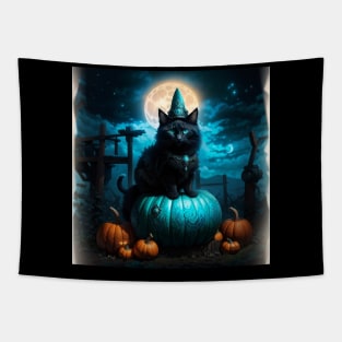 Magical black cat in Halloween night Tapestry