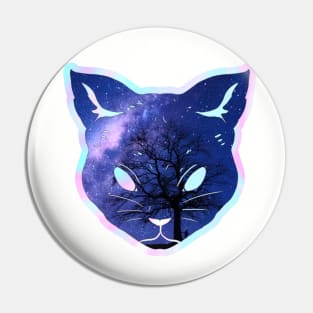 Purple starry sky tree silhouette prismatic iridescent cat Pin