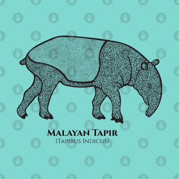 Malayan Tapir with Common and Scientific Names - detailed animal drawing by Green Paladin