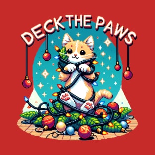 Deck The Paws Pixel  Christmas Cat T-Shirt