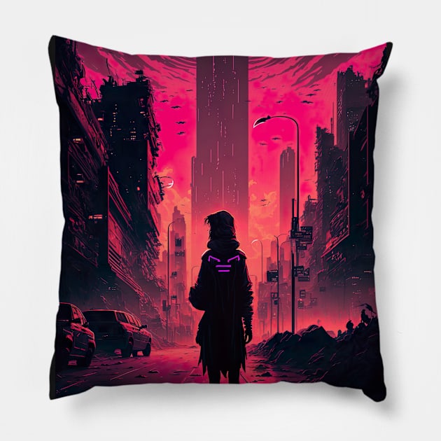 Lonely Soul In A Cyberpunk City Pillow by Nightarcade