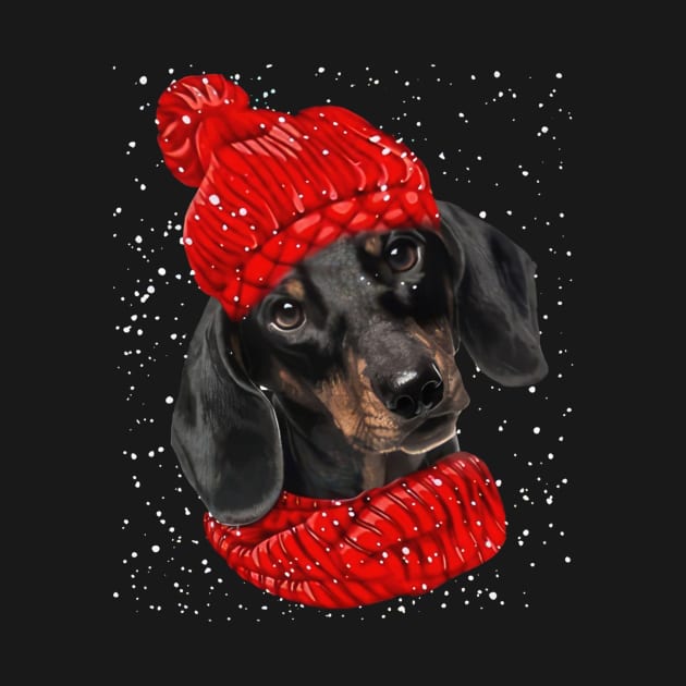 Black Dachshund Wearing Red Hat And Scarf Christmas by Tagliarini Kristi