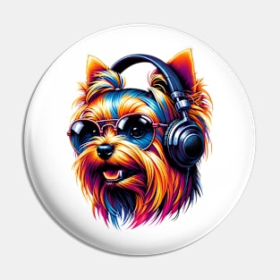 Silky Terrier Smiling DJ with Headphones and Sunglasses Pin