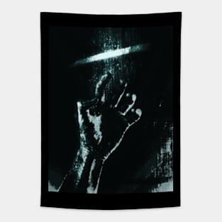 Digital collage and special processing. Person looking on his hand. Bizarre, dark. Grayscale and aquamarine. High contrast. Tapestry