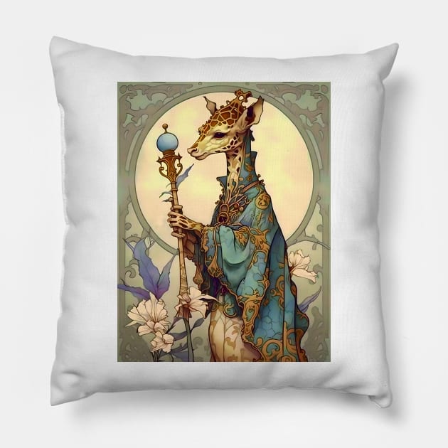 Art Nouveau Fantasy Anthropomorphic Giraffe Wizard Pillow by entwithanaxe