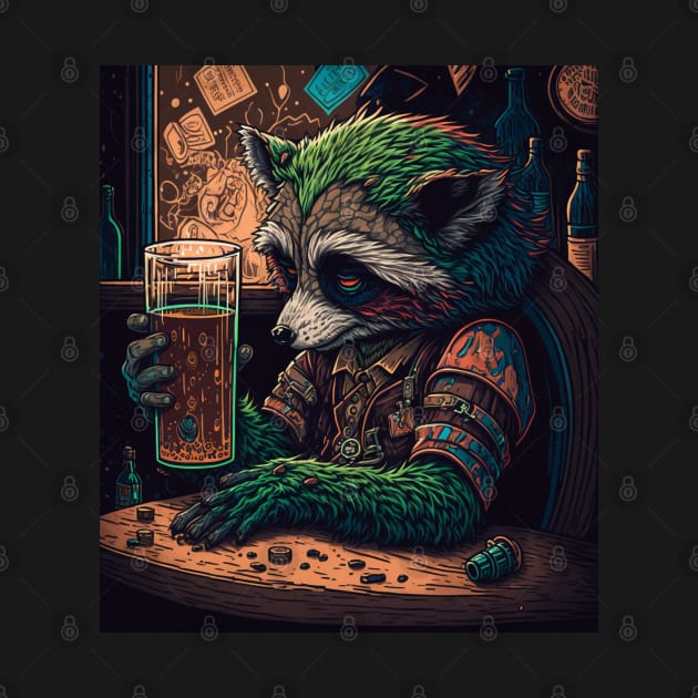 Raccoon sits in a bar drinking alcohol by Tazlo