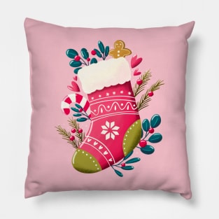 Christmas stocking with decoration on mint background. Cute festive winter holiday illustration. Bright colorful pink and blue design. Pillow