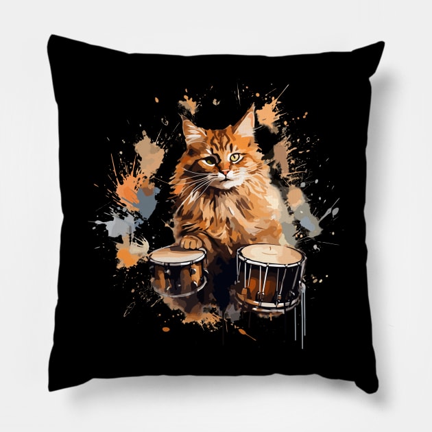 Maine Coon Cat Playing Drums Pillow by Graceful Designs