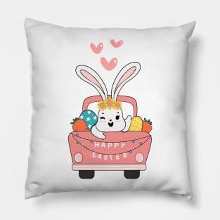 Cute Bunny Spring Easter om pink easter egg truck Pillow