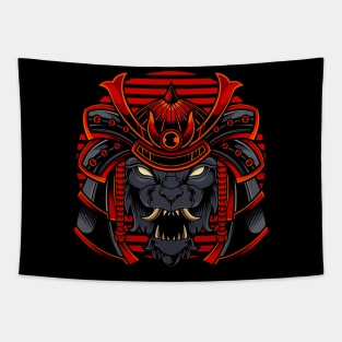 Roaring Samurai: Powerful Wolf Head with a Warrior's Helmet Tapestry