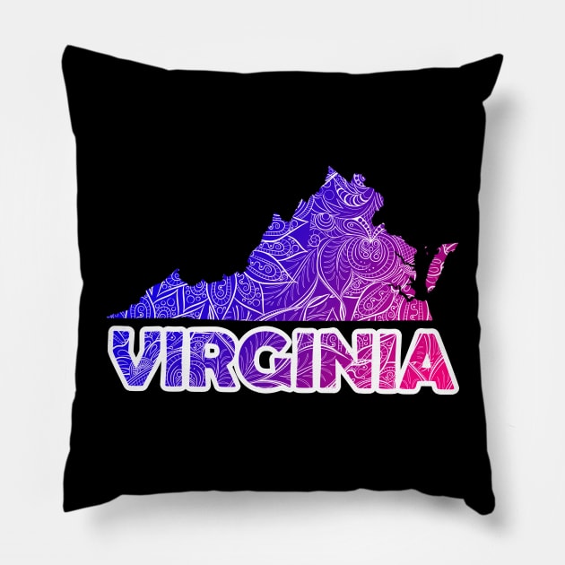 Colorful mandala art map of Virginia with text in blue and violet Pillow by Happy Citizen