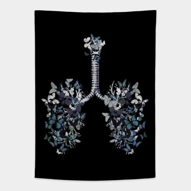 Lung Anatomy art,blue butterflies, Cancer Awareness Tapestry by Collagedream