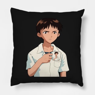 Shinji Holding a Mug HD (Shinji holding a Shinji Mug) Restored image Neon Genesis Evangelion Pillow