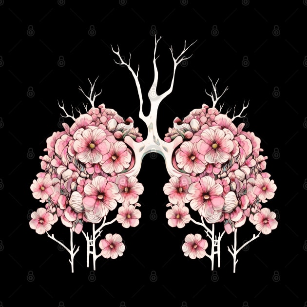 Vibrant pink anemones growing on the lungs, lungs cancer awareness, respiratory therapist by Collagedream