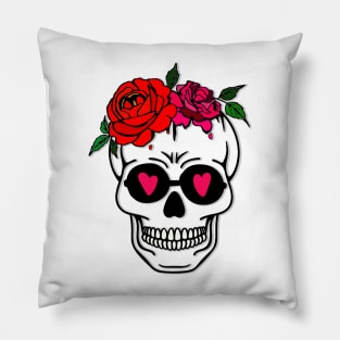 Loving skull N.1, with flower crown and glasses with pink hearts, special white backgrounds Pillow