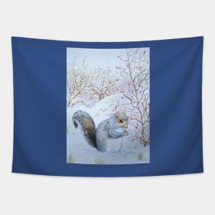 Cute gray squirrel snow scene wildlife Tapestry