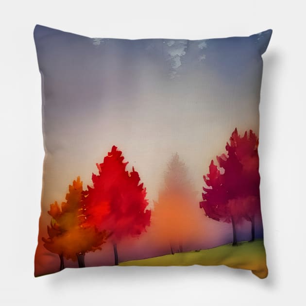 Colorful Autumn Landscape Watercolor 38 Pillow by redwitchart