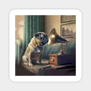 Pug Dog Listens To Grammaphone Music Magnet