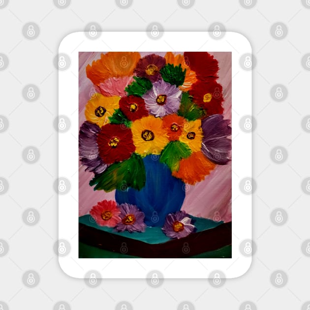 A lovely boutique of flowers in a blue vase Magnet by kkartwork
