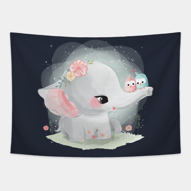 elephant with bids on trunk Tapestry by Mako Design 