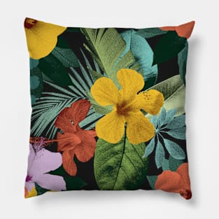 Colorful tropical flowers and leaves. Hibiscus flower, Palm leaves vibrant summer exotic print. Pillow