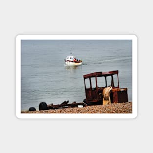 The return of Lady Iris. Fishing boat returns to the beach at Weybourne, Norfolk, UK Magnet